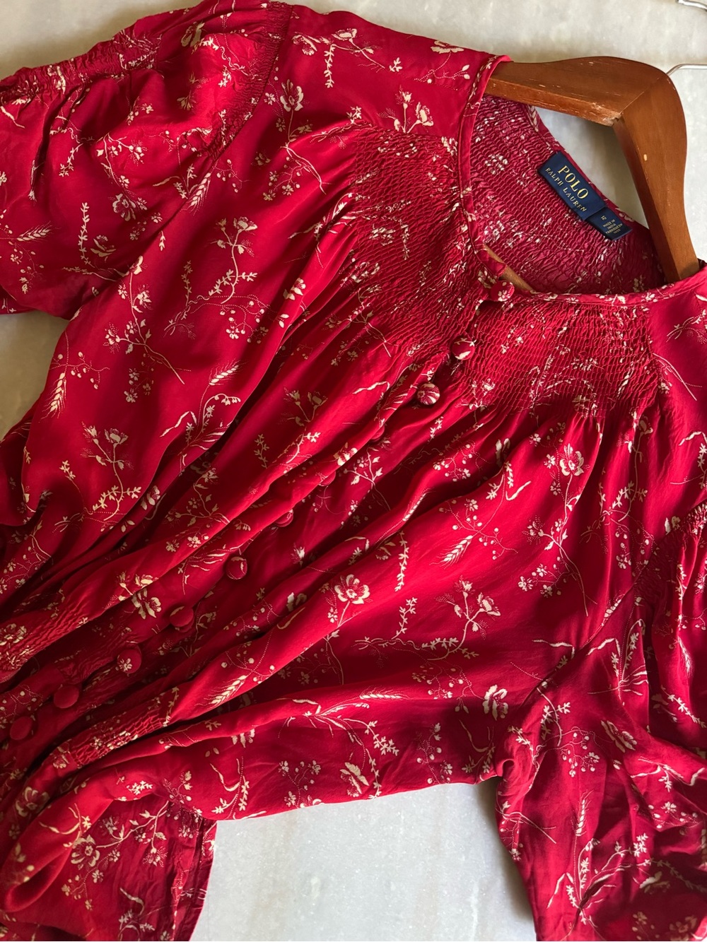 Polo Ralph Lauren Red Floral Puff-Sleeve Peplum Top - Size 12 - Picture 5 of 7